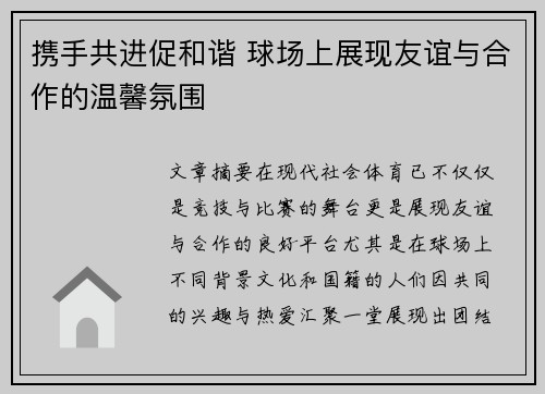 携手共进促和谐 球场上展现友谊与合作的温馨氛围