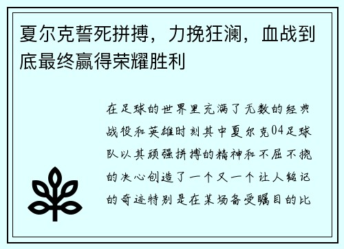 夏尔克誓死拼搏，力挽狂澜，血战到底最终赢得荣耀胜利